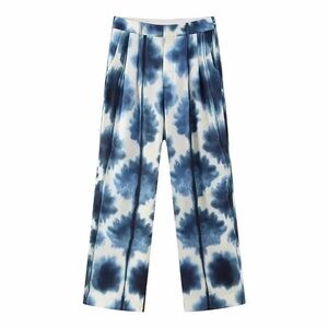 ZARA Blue Cream Tie Dye Floral Satin Pants